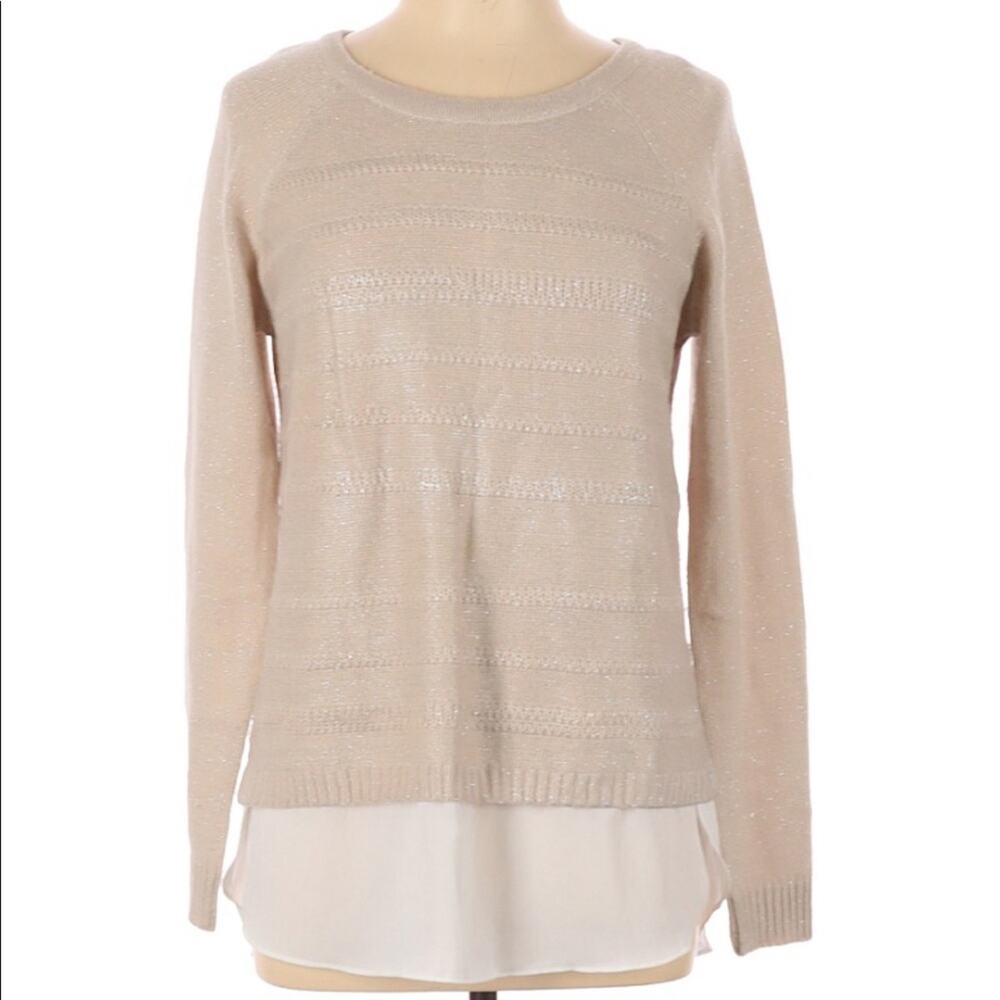 AB Studio pullover sweater beige metallic knit with shirt tail hem size L